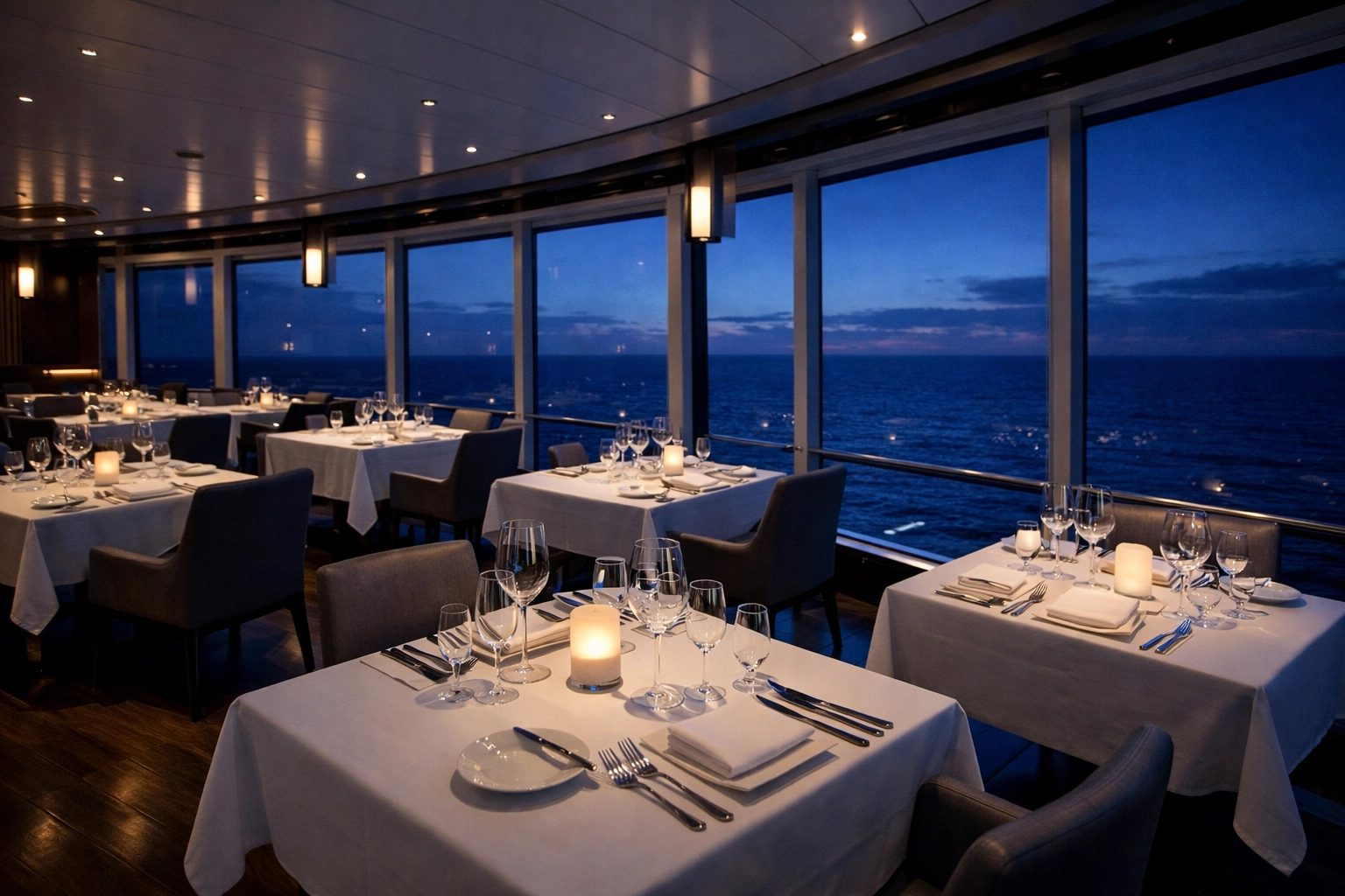 Elegant dining room with ocean views aboard a luxury ship